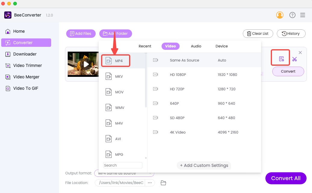 02 Choose MP4 as output format on BeeConverter