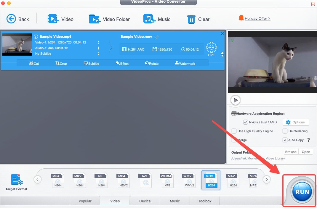 Pressione “Executar” para converter arquivos em VideoProc