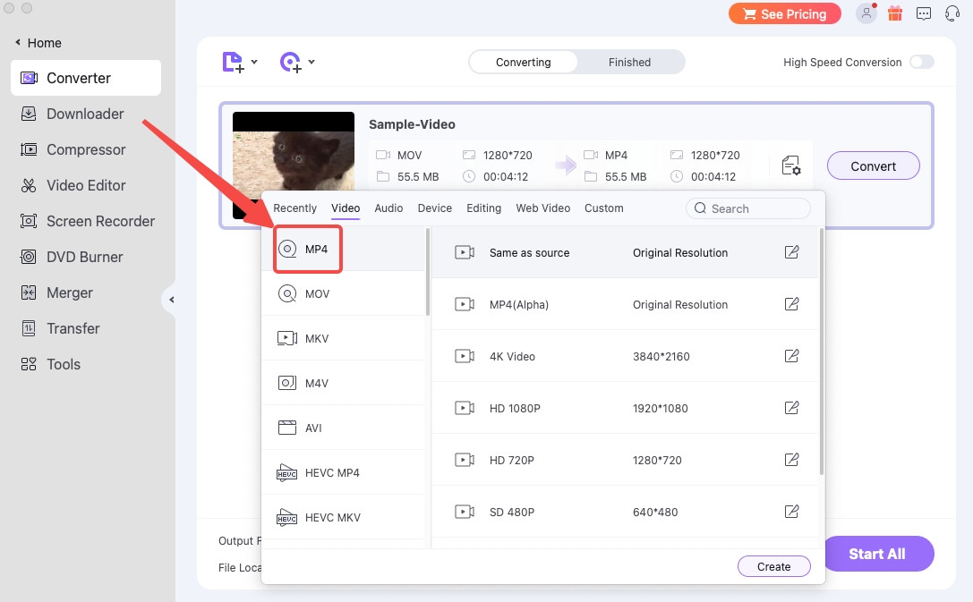 Choose MP4 as output format on UniConverter