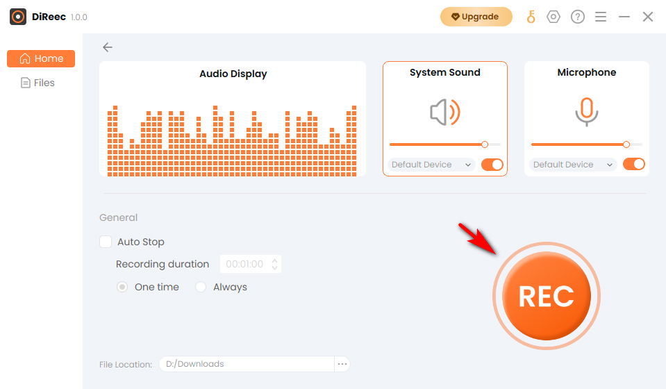 Pressione o botão REC para iniciar a gravação de áudio