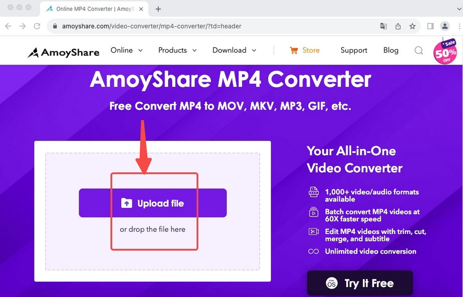 ファイルをAmoyShare MP4コンバータオンラインツールにアップロード