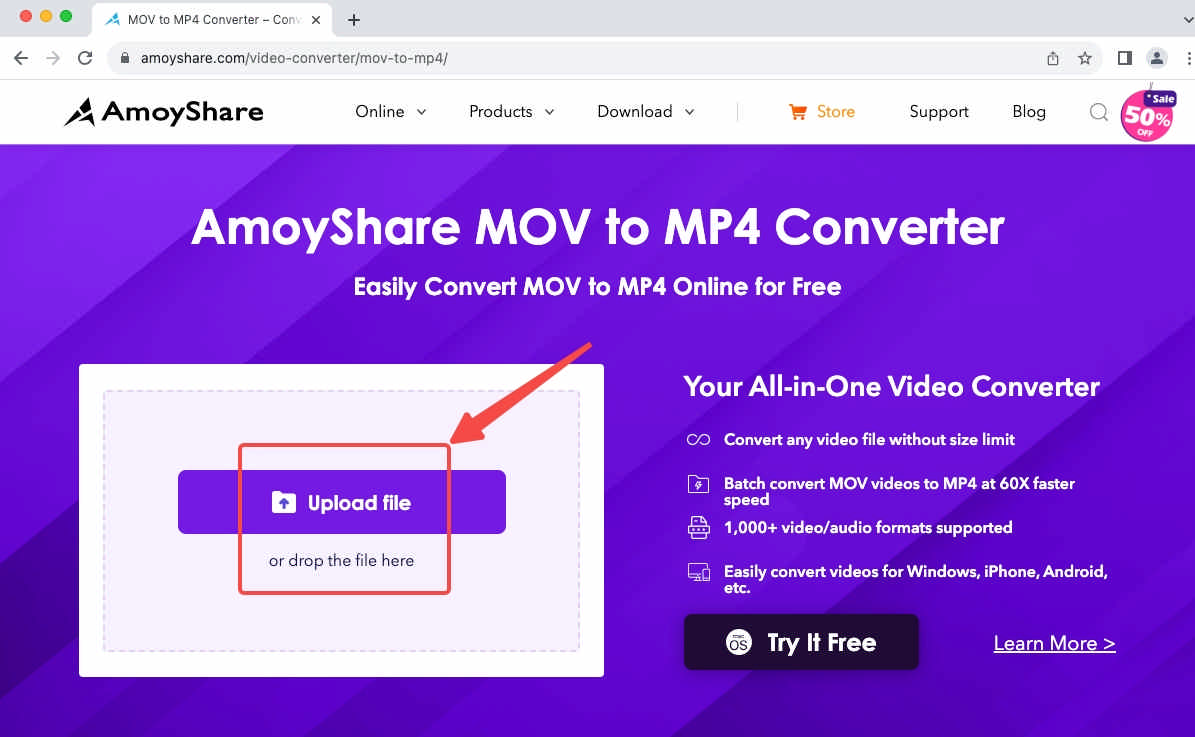Загрузка файлов в онлайн-инструмент AmoyShare