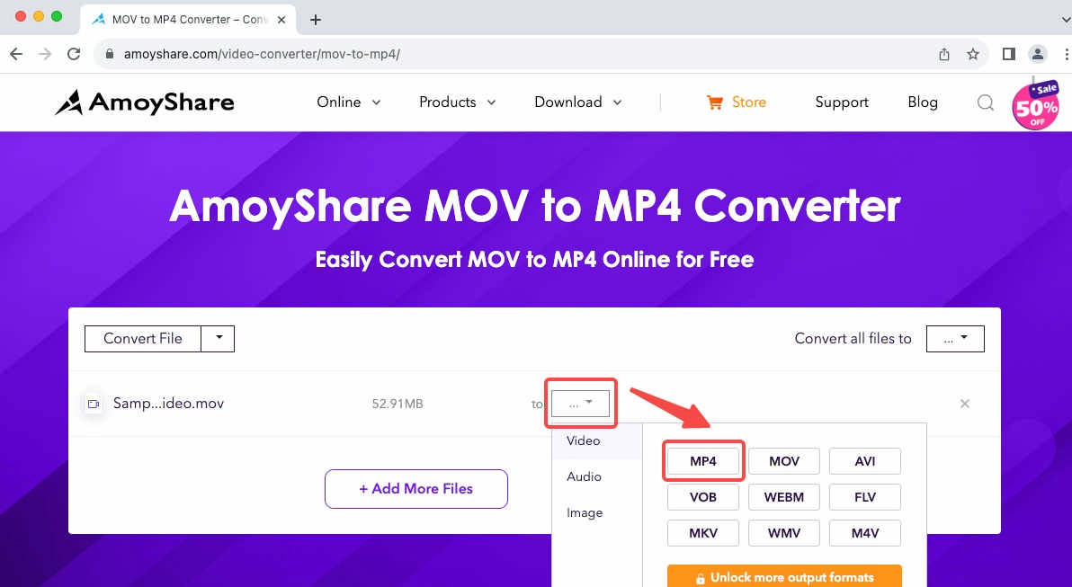 Escolha MP4 no conversor AmoyShare MOV para MP4