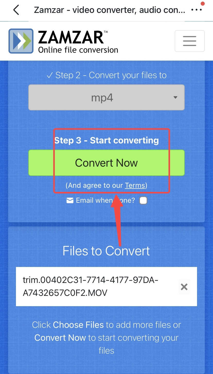 Convert video to MP4 for iPhone on ZAMZAR