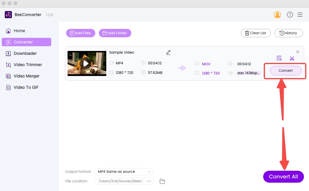 Converta MP4 para MOV no BeeConverter