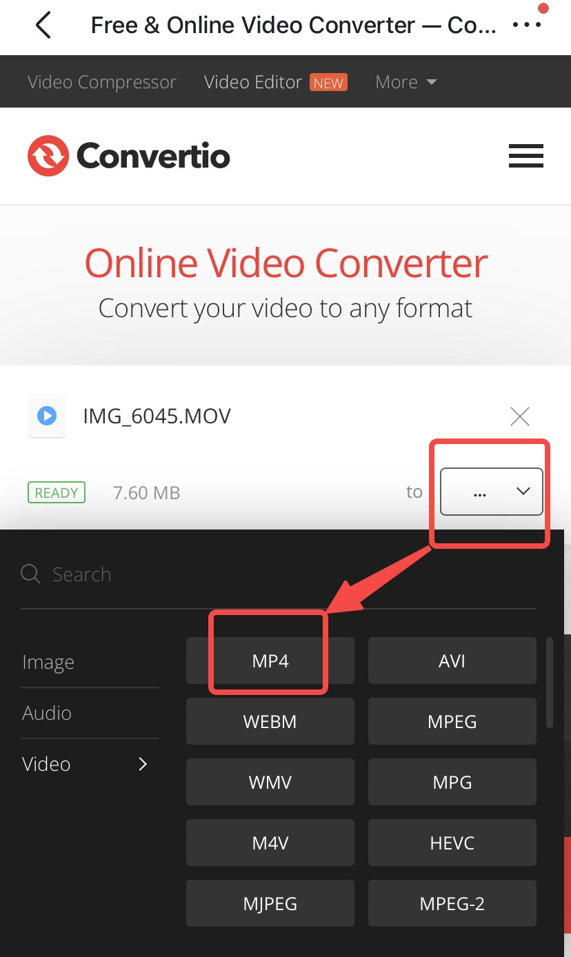 Wählen Sie MP4 bei Convertio