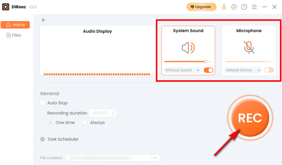 Premere REC per avviare la registrazione audio