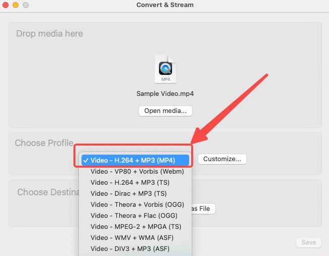 Choose the output profile on VLC