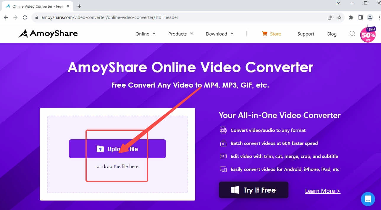 AmoyShare 온라인 비디오 변환기에 파일 업로드