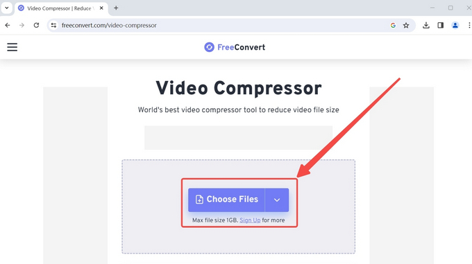 Загрузить файлы в FreeConvert Video Compressor