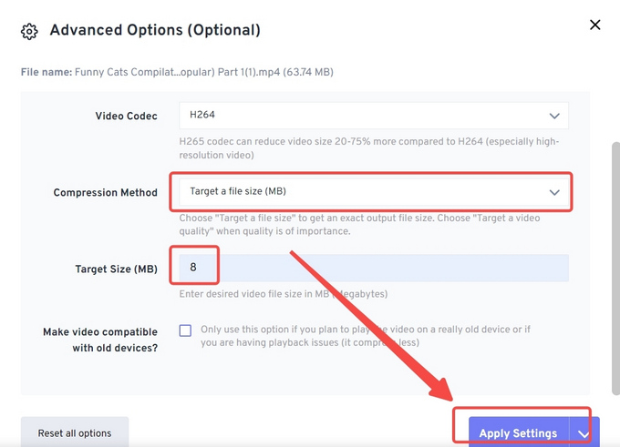 Aplicar la configuración de compresión en FreeConvert