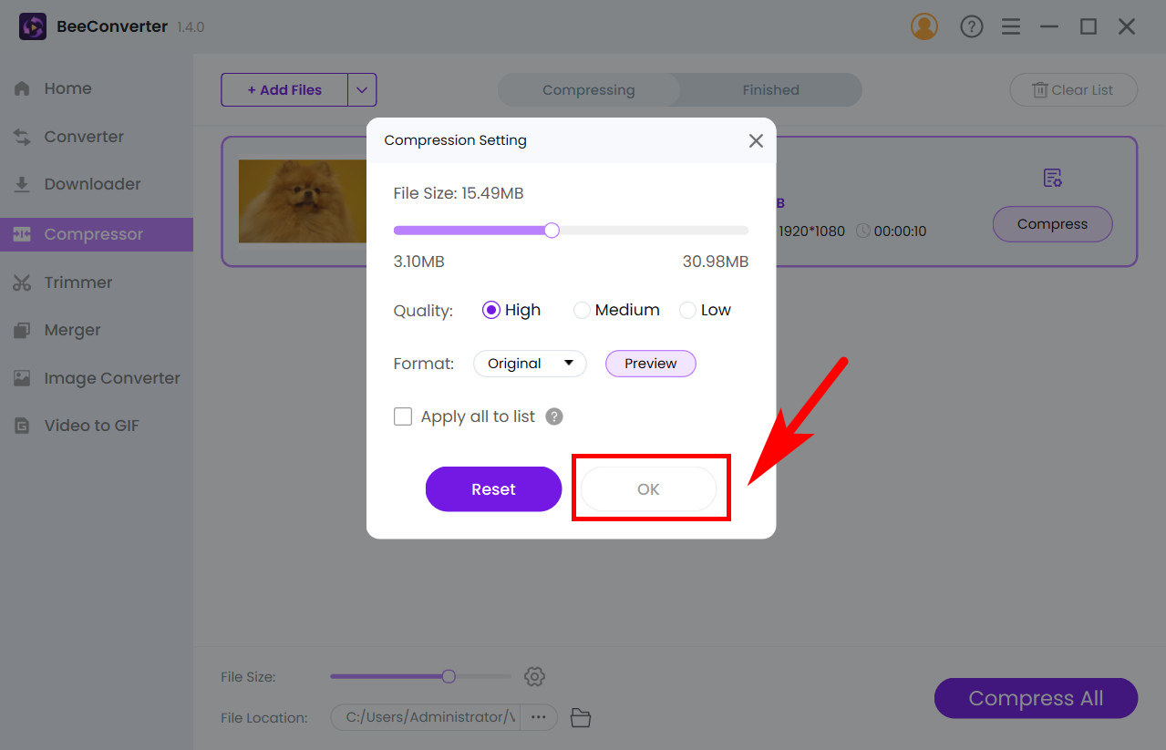 Set up the target size on BeeConverter