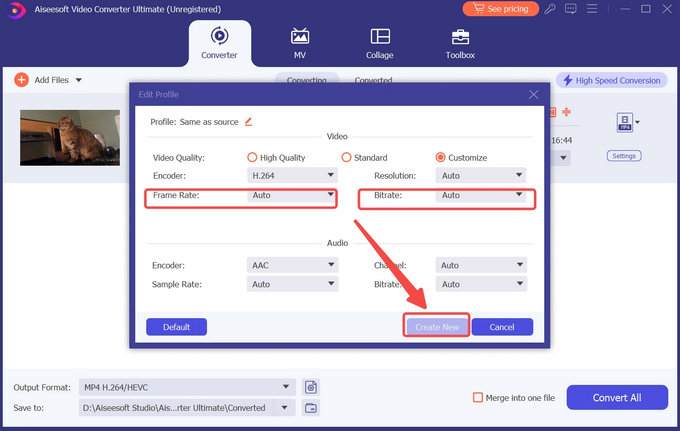 Reduzca las tasas de cuadros y bits en Editar perfil