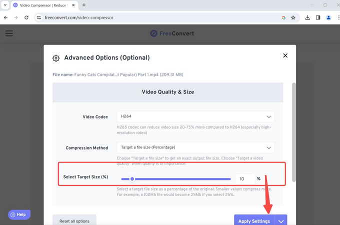 Select the target size on FreeComvert