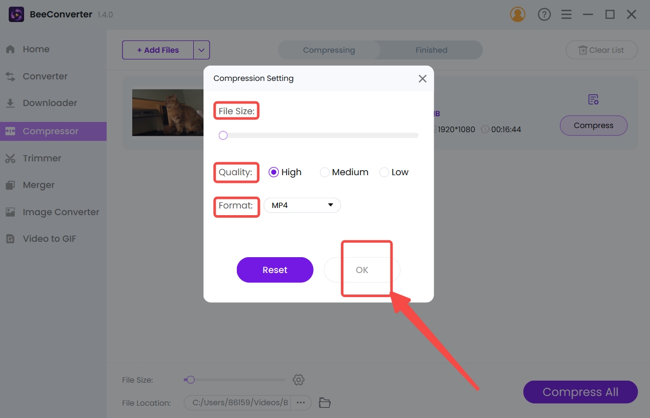 قم بتعيين الحجم المستهدف على BeeConverter