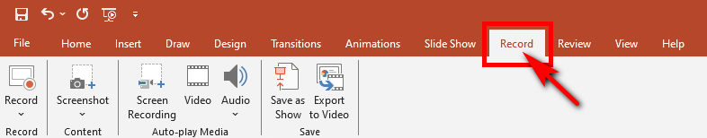 Click the Record tab in the PowerPoint taskbar