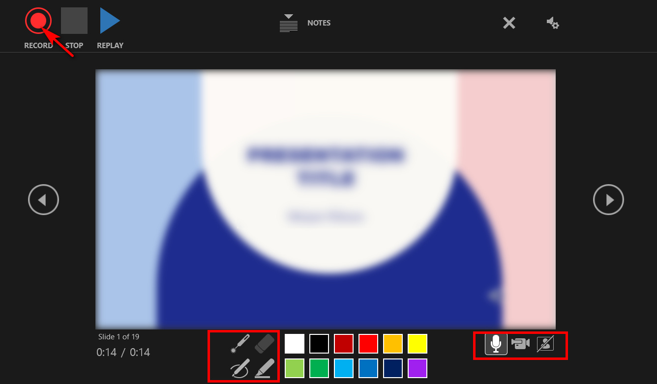 Klicken Sie auf den roten Punkt, um die Aufzeichnung der Präsentation zu starten