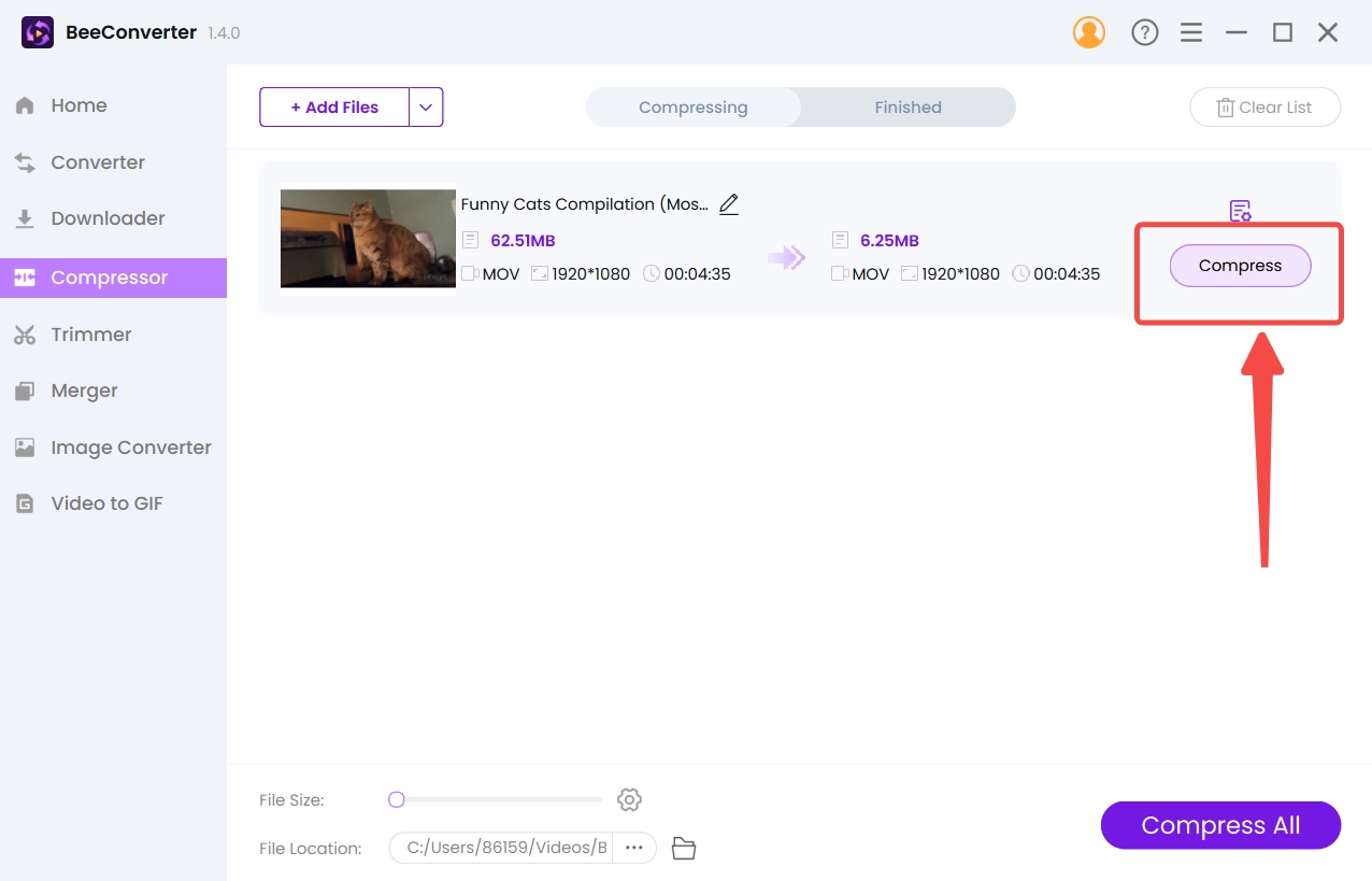 Start to compress video size on BeeConverter
