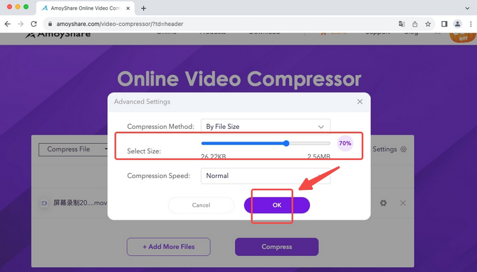 Appliquez les paramètres de compression et compressez la vidéo en ligne