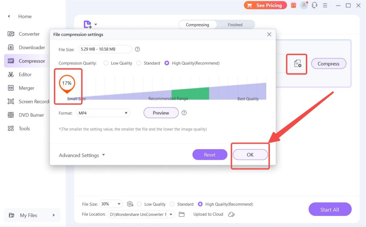 Select the output file size 