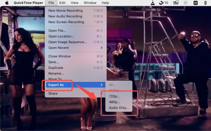 QuickTime의 파일 메뉴에서 내보내기 품질을 선택하세요.