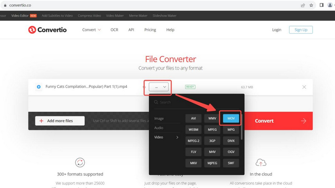 Convertio でターゲットのビデオ形式を選択します