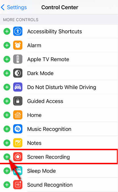 Go to Control Center to add Screen Recording