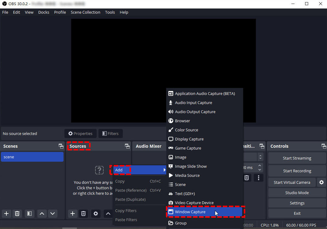 Add capture source on OBS