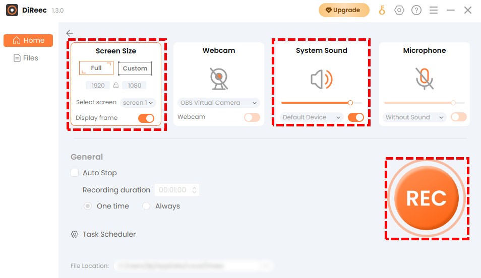 Configuration de l'enregistreur d'écran DiReec