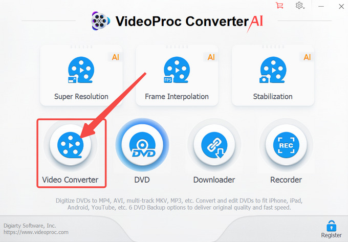 Vá para a ferramenta Video Converter no VideoProc