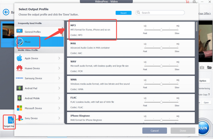 Seleziona MP3 come formato audio di output su VideoProc