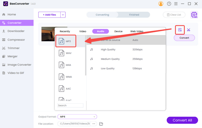 Select the output format on BeeConverter’s format menu