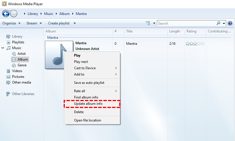 Sélectionnez Mettre à jour les informations de l'album